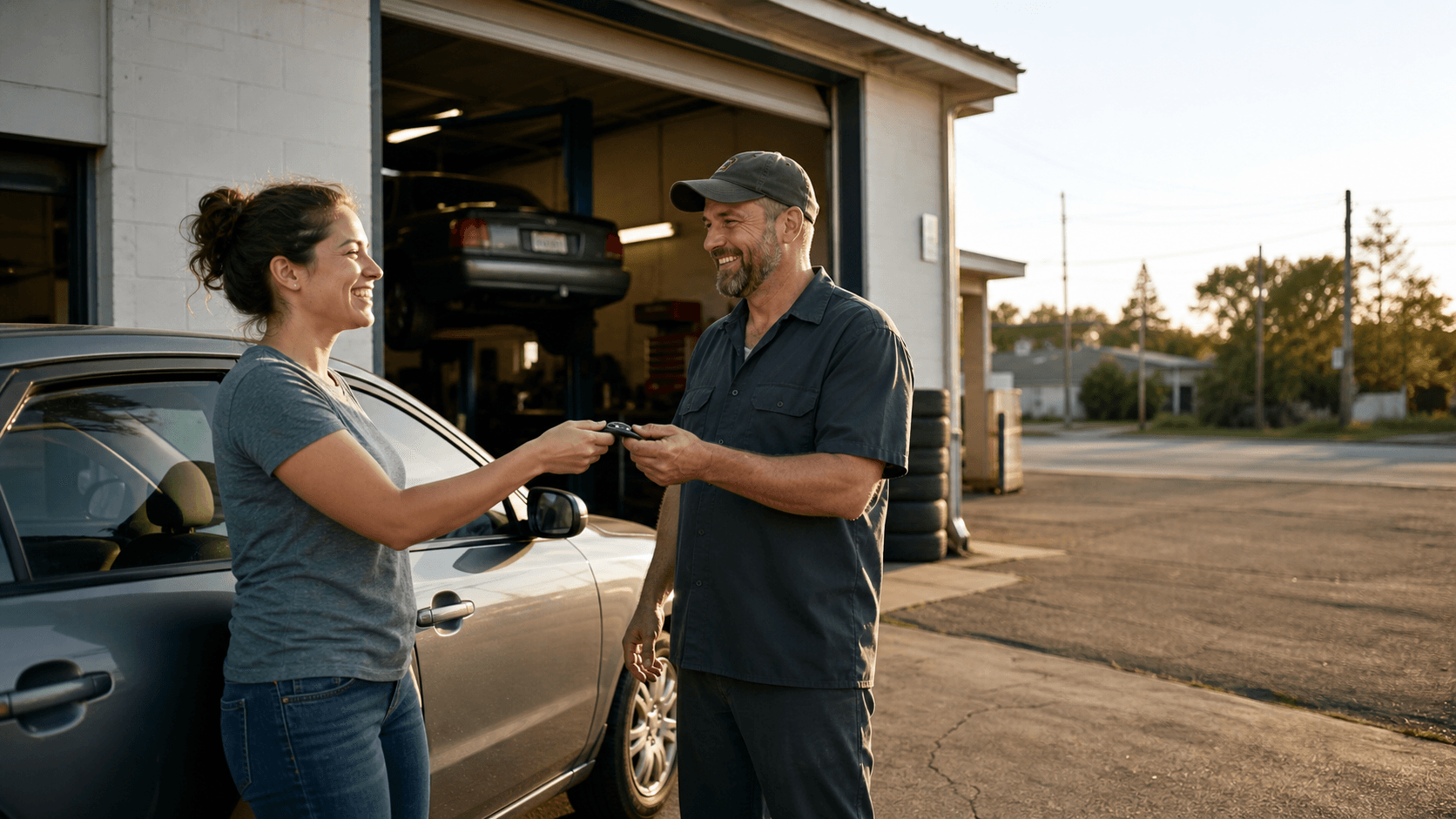 Service advisor returning a vehicle to a customer at an independent repair shop